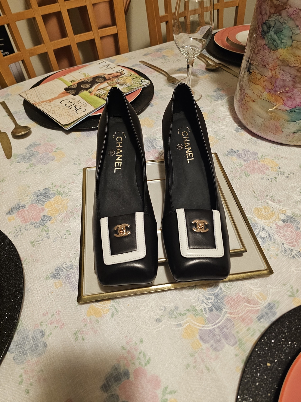 Chanel Black & White Leather Square-Toe Pumps